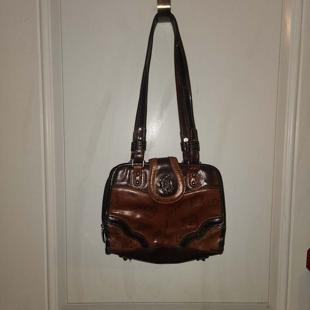 M.C. Marc Chantal Two-Tone Brown Leather Shoulder Bag, Embossed Clover Detail